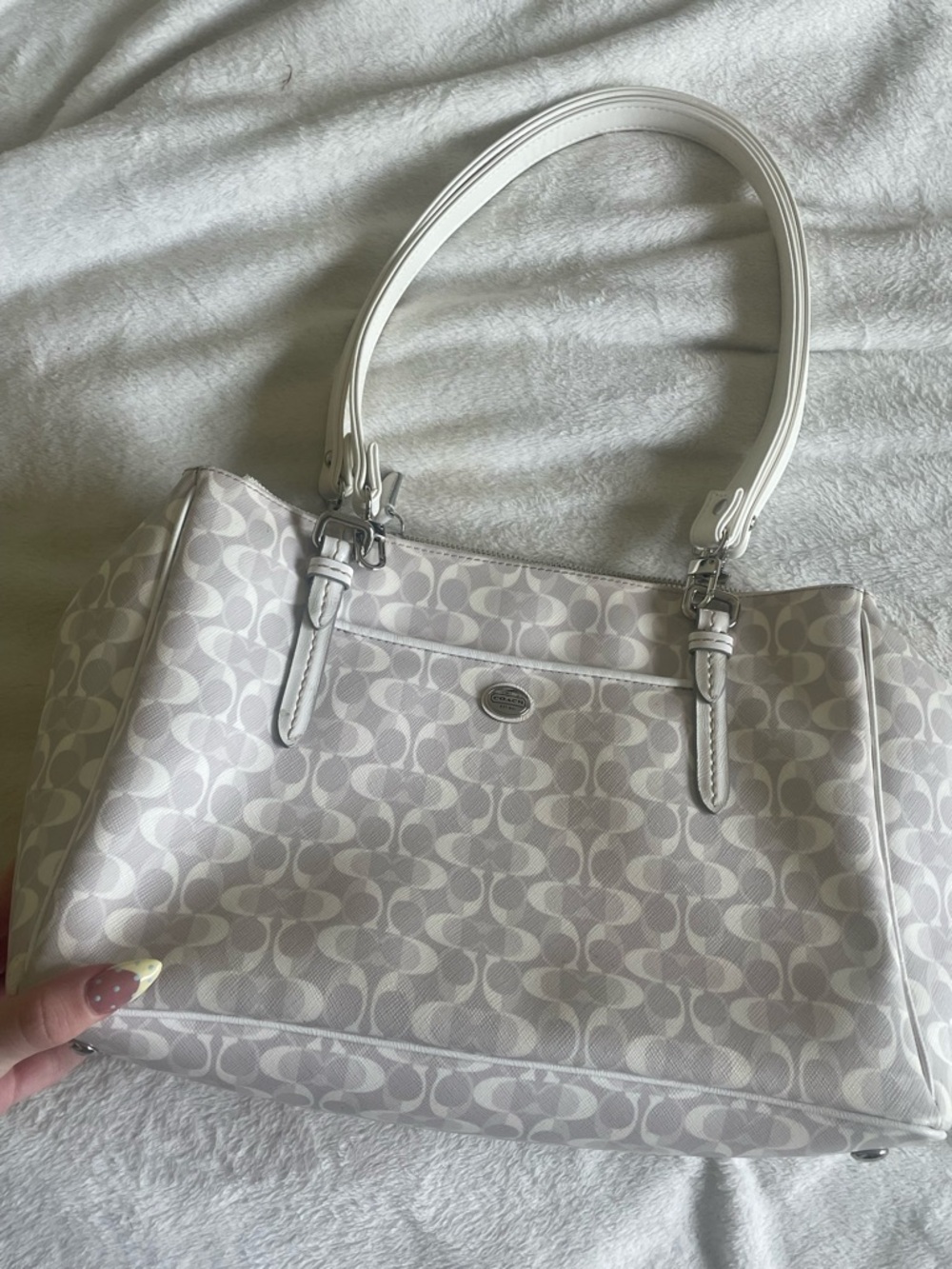 Coach Light Gray Signature Canvas Shoulder Bag with White Trim